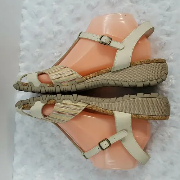Skechers Womens 10 Sandals T-Strap Beige Striped Strappy Cork Footbed Comfort - Picture 5 of 10